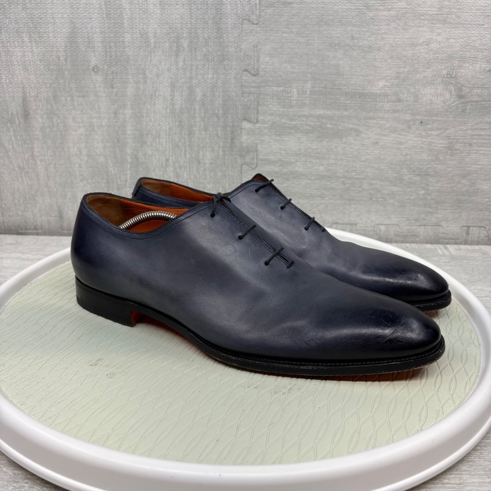 Santoni 2152 Dress Shoes Hand Antiqued Plain Toe Bal Oxford Blue Ombre Leather - Picture 3 of 6